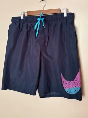 NIKE Mash up breaker swim trunks volley shorts blue pink swoosh beach sz  L EUC